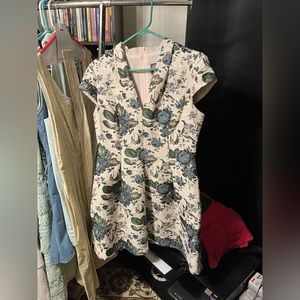 Vince Camuto size 12 lined brocade floral blue green pink silvery thread dress